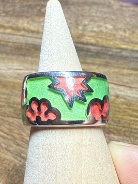 Alan K Green and Red Floral Inlay Wide Band Ring